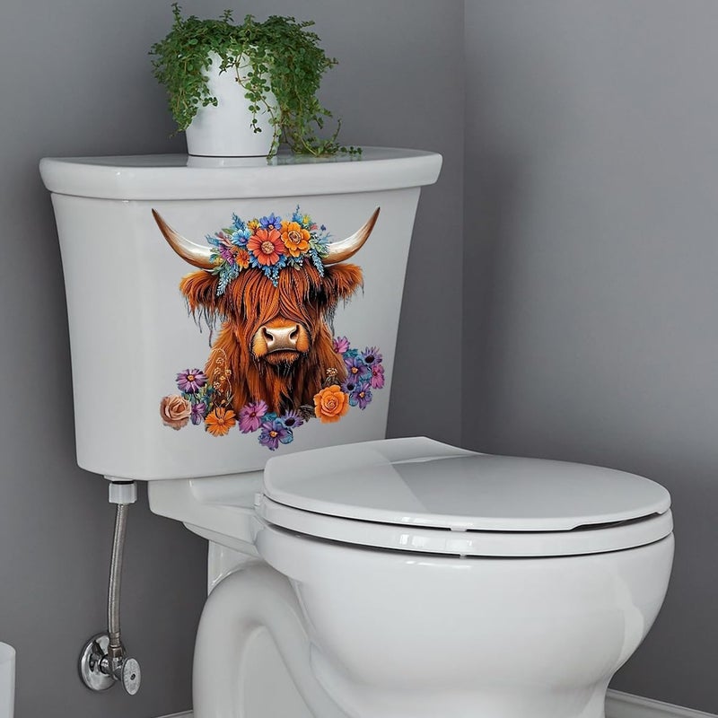 Iprokiu Funny Animal Toilet Seat Cover Decal Waterproof Cartoon Dog Cat Toilet Seat Lid Sticker Dinosaur Duck Washroom Bathroom Decal Home Wall Sticker (Highland Cow) - Image 5